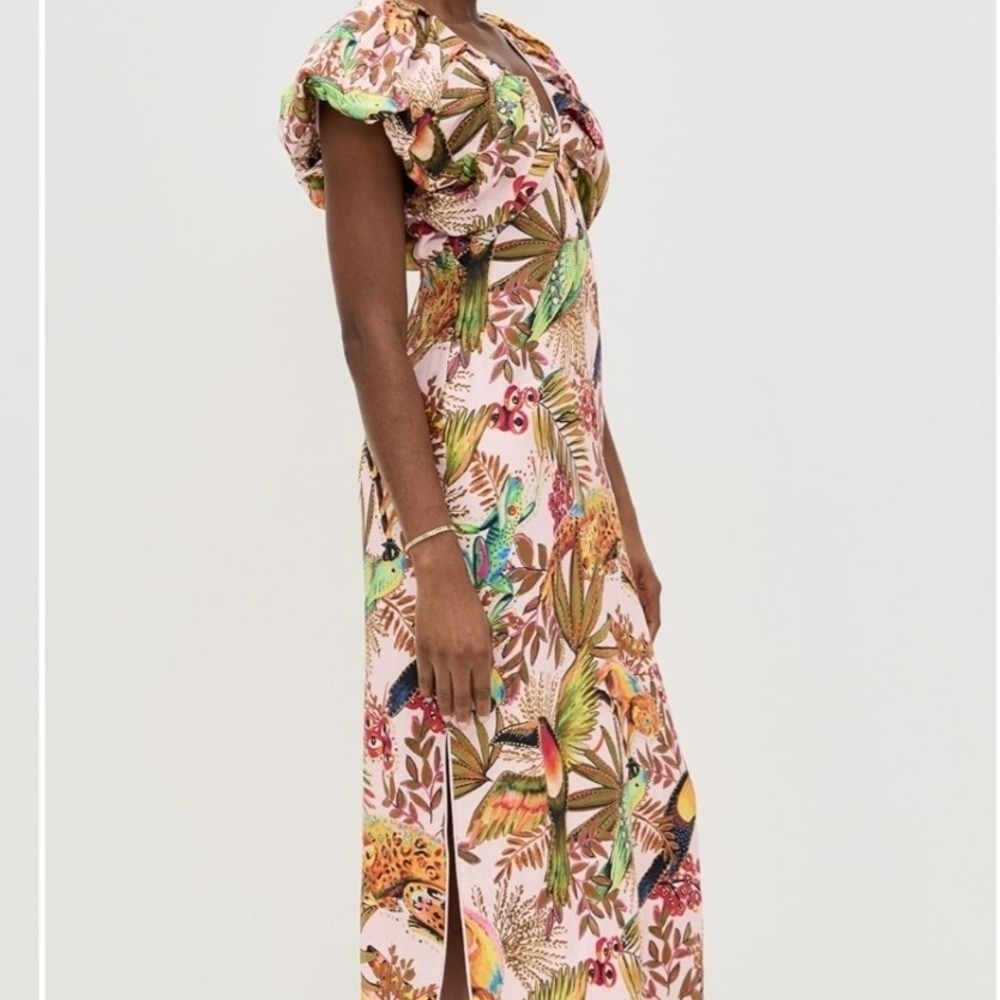 Farm Rio Maxi Dress Pink Tropical Bird Leopard Ruffle Sleeve V Neck M - Picture 3 of 14